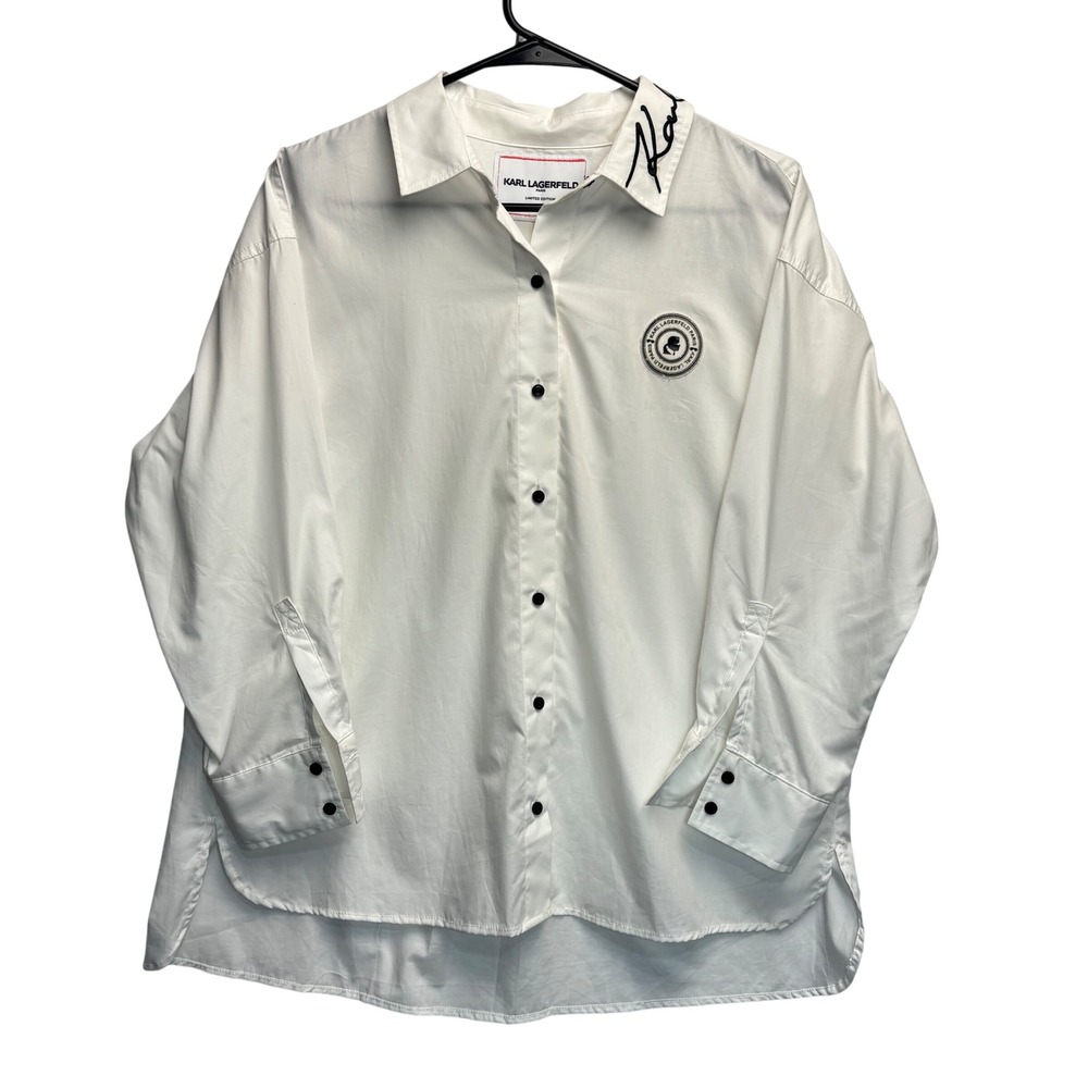 Karl Lagerfeld Paris Shirt White Limited Edition Embroidered Signature Logo Sz M